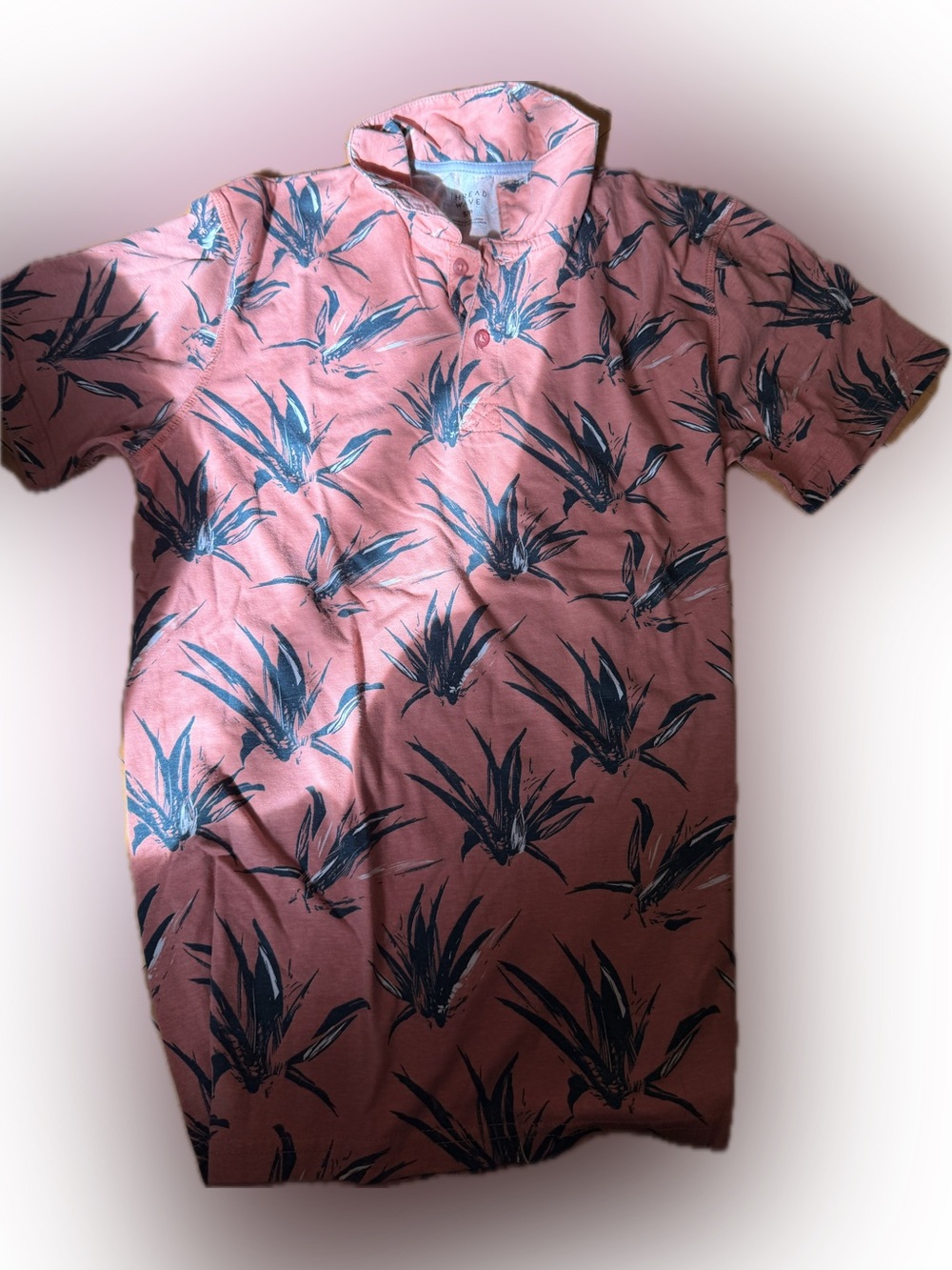 Men's Coral Short-Sleeve Polo with Navy Botanical Print Thread Wave Small